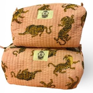 Large & Medium Pink Quilted Pouch with Tiger Print